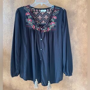 Tasha Polizzi Black Floral Embroidered Peasant Top with Tassel Ties Size Small